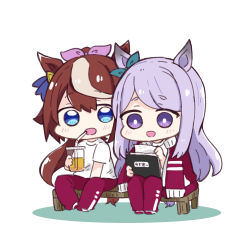 Rule 34 | 2girls, :d, animal ears, bendy straw, between legs, blue eyes, blush, bow, brown hair, chibi, colored shadow, commentary request, cup, disposable cup, drinking straw, ear ribbon, green ribbon, hair between eyes, hair ribbon, hand between legs, holding, holding cup, honey, horse ears, horse girl, horse tail, jacket, jacket on shoulders, mejiro mcqueen (umamusume), multicolored hair, multiple girls, nozo (hitomiz), on bench, open mouth, pants, pink ribbon, purple eyes, purple hair, purple jacket, purple pants, ribbon, shadow, shirt, shoes, short eyebrows, short sleeves, sitting, smile, streaked hair, tail, thick eyebrows, tokai teio (umamusume), track jacket, track pants, track suit, umamusume, white background, white footwear, white shirt