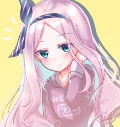 Rule 34 | 1girl, blue eyes, blue hairband, blue ribbon, blush, cafe stella to shinigami no chou, closed mouth, clothes writing, collarbone, colored eyelashes, drop shadow, female focus, flat chest, gattengou, hair ribbon, hairband, hand on own face, hand up, happy, highres, hood, hoodie, long hair, long sleeves, looking at viewer, notice lines, open mouth, parted bangs, pink hair, purple hoodie, purple sweater, ribbon, shioyama suzune, sidelocks, simple background, smile, solo, striped clothes, striped hairband, striped ribbon, sweater, upper body, yellow background
