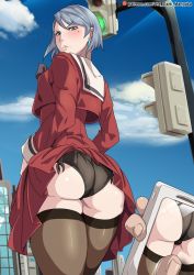Rule 34 | 1girl, ace attorney, annoyed, ass, black panties, blush, breasts, building, capcom, cellphone, city, clothes lift, cloud, cowboy shot, crop top, crop top overhang, cropped shirt, dress, earrings, franziska von karma, from behind, from below, grey eyes, grey hair, jewelry, looking at viewer, looking back, looking down, medium breasts, mole, mole under eye, outdoors, panties, pantyshot, phone, photographic proof, pleated dress, school uniform, shiny skin, short hair, skindentation, skirt, skirt lift, sky, smartphone, the dark mangaka, thighhighs, traffic light, underwear, wardrobe malfunction