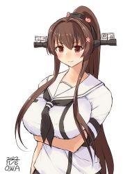 Rule 34 | 1girl, artist name, breasts, brown hair, cherry blossoms, commentary request, cosplay, dated, flower, flower knight girl, hair flower, hair ornament, headgear, highres, kantai collection, large breasts, long hair, one-hour drawing challenge, owa (ishtail), ponytail, school uniform, serafuku, simple background, solo, upper body, white background, yamato (kancolle)