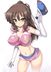 Rule 34 | 1girl, bare shoulders, breasts, brown eyes, brown hair, cleavage, crop top, elbow gloves, energy gun, gender request, genderswap, gloves, hair ribbon, holding, impossible clothes, impossible shirt, kyonko, large breasts, long hair, looking at viewer, midriff, nagase haruhito, navel, open mouth, parted lips, perky breasts, ponytail, ray gun, ribbon, shirt, short shorts, shorts, simple background, sleeveless, sleeveless shirt, solo, sos galactic patrol, suzumiya haruhi no yuuutsu, weapon, white background, white gloves