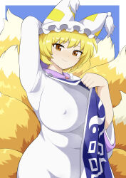 Rule 34 | 1girl, arm up, blonde hair, blue background, blush, bonobo (odenokaz), border, breasts, covered erect nipples, dress, fox girl, hat, highres, large breasts, looking at viewer, mob cap, orange eyes, short hair, smile, solo, sweatdrop, tabard, tabard lift, touhou, upper body, wavy mouth, white border, wide hips, yakumo ran