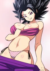 Rule 34 | 1girl, :p, absurdres, bare arms, black eyes, black hair, breasts, caulifla, cleavage, cowboy shot, dragon ball, dragon ball super, etzelin, female focus, groin, heart, heart-shaped pupils, highres, large breasts, legs, looking at viewer, panties, pulled by self, simple background, solo, spiked hair, standing, strapless, striped clothes, striped panties, symbol-shaped pupils, thighs, tongue, tongue out, tube top, underwear, undressing