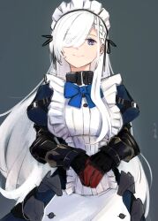 Rule 34 | 1girl, apron, artist name, azur lane, belfast (azur lane), belfast (serene steel) (azur lane), braid, breasts, french braid, gauntlets, hair over one eye, highres, large breasts, long hair, maid, maid apron, maid headdress, neck ribbon, official alternate costume, own hands together, purple eyes, ribbon, rzk iii, simple background, smile, white apron, white hair