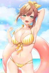 Rule 34 | 1girl, absurdres, anzu (vtuber), anzu 1026, arm up, bikini, breasts, brown hair, cleavage, commission, cowboy shot, day, fang, gluteal fold, green eyes, hand up, highres, indie virtual youtuber, innertube, large breasts, looking at viewer, medium hair, multi-strapped bikini, open mouth, skeb commission, solo, standing, swim ring, swimsuit, virtual youtuber, yellow bikini
