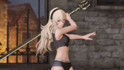 Rule 34 | 1girl, 3d, architecture, arm up, armor, armpits, bare shoulders, barefoot, black hairband, bra, breasts, broken armor, building, cleavage, closed mouth, collarbone, corrin (female) (fire emblem), corrin (fire emblem), determined, dynamic pose, eyelashes, feet, female focus, fighting pose, fighting stance, fingernails, fire emblem, fire emblem fates, fire emblem warriors, gameplay mechanics, gate, hair between eyes, hair ornament, hairband, holding, holding sword, holding weapon, house, intelligent systems, legs, long hair, looking away, medium breasts, midriff, multicolored bra, multicolored clothes, multicolored panties, multicolored underwear, nails, navel, neck, night, night sky, nintendo, official alternate costume, official underwear, outdoors, outstretched arms, over shoulder, pale skin, panties, pointy ears, red eyes, ruins, silver hair, sky, spread arms, standing, stone wall, sword, sword over shoulder, thighs, toenails, toes, underwear, underwear only, wall, weapon, weapon over shoulder, yato (fire emblem)
