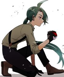 Rule 34 | 1girl, ahoge, arm support, artist name, black gloves, black necktie, black pants, brown footwear, brown shirt, collared shirt, creatures (company), ear piercing, earrings, expressionless, from side, full body, game freak, genjitsu o miro, gloves, green hair, hand up, highres, holding, holding poke ball, jewelry, long hair, looking ahead, low ponytail, necktie, nintendo, on one knee, pants, piercing, poke ball, pokemon, pokemon sv, ponytail, profile, red eyes, rika (pokemon), shirt, shoes, signature, simple background, solo, suspenders, swept bangs, twitter username, white background