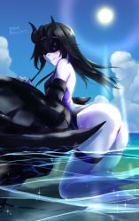 Rule 34 | 1girl, abyssal ship, ass, black hair, blue skin, blue sky, blush, breasts, closed mouth, cloud, cloudy sky, colored skin, competition swimsuit, day, horns, kantai collection, light cruiser princess, long hair, looking at viewer, mask, mochitsuki (mo chooon), ocean, one-piece swimsuit, outdoors, single horn, sky, small breasts, smile, solo, sun, sunlight, swimsuit, wet, wet clothes
