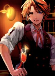 Rule 34 | 1boy, :d, bartender, black hair, blurry, blurry background, brown vest, buttons, champagne flute, collared shirt, cup, double-breasted, drinking glass, food, fruit, grey shirt, heterochromia, highres, holding, holding cup, holostars, lamp, lapel pin, looking at viewer, male focus, mole, mole under eye, multicolored hair, neck ribbon, open mouth, orange (fruit), orange eyes, orange hair, orange slice, parted bangs, purple eyes, red ribbon, ribbon, shelf, shirt, short hair, sleeves rolled up, smile, solo, streaked hair, teeth, tomori meme, upper body, vest, virtual youtuber, yukoku roberu