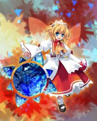 Rule 34 | 1girl, ascot, black footwear, blonde hair, blue eyes, bow, commentary request, fang, flat chest, full body, highres, jacket, juliet sleeves, kaigen 1025, long sleeves, maid headdress, mary janes, medium hair, obi, open mouth, puffy sleeves, red skirt, sash, shoes, skirt, smile, socks, solo, sunny milk, touhou, two side up, white bow, white jacket, white socks, yellow ascot