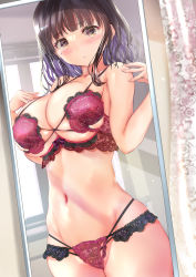 Rule 34 | 1girl, absurdres, black hair, blunt bangs, blush, bra, breasts, brown eyes, cleavage, collarbone, commentary request, cowboy shot, curtains, dutch angle, highres, large breasts, lingerie, looking at viewer, mirror, navel, ogata tei, original, panties, parted lips, purple bra, purple panties, reflection, skindentation, standing, stomach, underboob, underwear, underwear only
