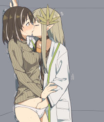 Rule 34 | 2girls, arknights, blush, brown eyes, brown hair, coldcat., commentary request, closed eyes, fingering, french kiss, hand in panties, headdress, highres, kabedon, kiss, light brown hair, magallan (arknights), mole, mole under eye, muelsyse (arknights), multiple girls, panties, pointy ears, second-party source, sweat, underwear, yuri