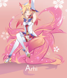 Rule 34 | 1girl, absurdres, ahri (league of legends), alternate costume, alternate eye color, alternate hair color, animal ears, boots, breasts, choker, detached sleeves, fox ears, fox tail, hair ornament, hairband, high heel boots, high heels, highres, league of legends, legs, long hair, long legs, magical girl, multiple tails, one eye closed, skirt, spread legs, star guardian (league of legends), star guardian ahri, stiletto heels, tail, thigh boots, thighhighs, thighs, white thighhighs, wink