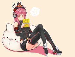 Rule 34 | 1girl, ?, ahoge, animal, animal on head, bare shoulders, belt, black footwear, black shorts, black vest, boots, cat, cat on head, closed mouth, creatures (company), cross, crossed legs, detached sleeves, e neko, earphones, galo (warship girls r), game freak, gen 1 pokemon, gen 7 pokemon, hair over shoulder, handheld game console, headset, high collar, highres, holding, iron cross, knees up, litten, long hair, nintendo, nintendo 3ds, on head, orange background, parted bangs, pikachu, pillow, pink hair, playing games, pokemon, pokemon (creature), pokemon on head, reclining, red eyes, shorts, simple background, staring, thigh boots, thighhighs, thighs, tirpitz (warship girls r), two-handed, vest, waist cutout, warship girls r