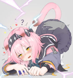 Rule 34 | 1girl, ?, animal ears, arknights, black bracelet, black hairband, black skirt, blush, bow, cat ears, cat girl, cat tail, clothes writing, disembodied hand, electricity, floppy ears, goldenglow (arknights), hair between eyes, hair bow, hairband, heart, highres, infection monitor (arknights), jacket, lightning bolt print, lightning bolt symbol, long sleeves, open mouth, pcaccount13, pink hair, simple background, skirt, solo, spanking, spoken heart, tail, tareme, thighhighs, top-down bottom-up, white thighhighs, yellow eyes