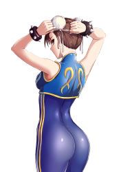 Rule 34 | 1girl, absurdres, alternate costume, arms behind head, arms up, ass, back, bad id, bad pixiv id, bare arms, bare shoulders, blouse, blue bodysuit, blue shirt, bodysuit, bodysuit under clothes, bracelet, breasts, brown eyes, brown hair, bun cover, butt crack, capcom, chinese clothes, chun-li, commentary, cowboy shot, crop top, double bun, fish.boy, from behind, gold trim, hair bun, highres, jewelry, looking at viewer, looking back, medium breasts, no mouth, shiny clothes, shirt, simple background, skin tight, sleeveless, sleeveless bodysuit, sleeveless crop top, sleeveless shirt, solo, spiked bracelet, spikes, standing, street fighter, street fighter zero (series), tying hair, white background