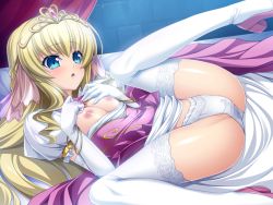 Rule 34 | 1girl, bed, blonde hair, blue eyes, blush, breasts, censored, character request, diadem, elbow gloves, female focus, game cg, gloves, hair ornament, kouyoku senki exs-tia, kouyoku senki exs-tia 2, leg up, lips, long hair, lusterise, lying, nipples, open mouth, panties, short sleeves, small breasts, solo, spread legs, thighhighs, underwear, white gloves, white panties, white thighhighs