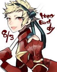 Rule 34 | 1girl, armor, blonde hair, dated, fire emblem, fire emblem fates, freckles, happy birthday, mogupen, nintendo, open mouth, red eyes, scarlet (fire emblem), short hair, smile, solo, white background