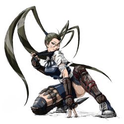 Rule 34 | 1girl, armband, bandage on face, bandages, black hair, blue eyes, blue skirt, breasts, capcom, full body, gloves, highres, holding, holding knife, ibuki (street fighter), kneeling, knife, kunai, long hair, looking at viewer, miniskirt, necktie, nom1207, one eye closed, open mouth, ponytail, shin guards, shirt, shoes, short sleeves, simple background, skirt, smile, sneakers, solo, street fighter, torn clothes, very long hair, weapon, white background