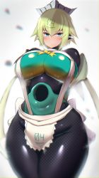 Rule 34 | 1girl, android, apron, blue eyes, blush, bodysuit, bombergirl, breasts, curvy, emera (bombergirl), expressionless, green hair, groin, highres, impossible bodysuit, impossible clothes, large breasts, looking at viewer, maid headdress, robot ears, short hair, solo, thick thighs, thighs, tsukunendo, waist apron, wide hips