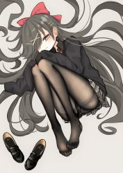 Rule 34 | 1girl, :t, black footwear, black jacket, bow, brown eyes, brown pantyhose, closed mouth, ear piercing, earrings, fine fabric emphasis, grey skirt, hair bow, hair ornament, hair over one eye, hair spread out, hairclip, highres, jacket, jewelry, long hair, looking at viewer, miniskirt, narue, one eye closed, original, pantyhose, piercing, plaid, plaid skirt, pleated skirt, red bow, school uniform, shoes, unworn shoes, skirt, sleeves past fingers, sleeves past wrists, solo, very long hair, x hair ornament