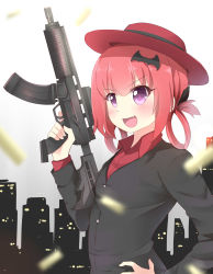 Rule 34 | &gt;:d, 10s, 1girl, :d, absurdres, bat hair ornament, blush, fang, gabriel dropout, gun, hair ornament, hand on own hip, hat, highres, holding, holding gun, holding weapon, ikazu401, looking away, open mouth, purple eyes, red hair, red hat, satanichia kurumizawa mcdowell, short hair, smile, solo, v-shaped eyebrows, weapon