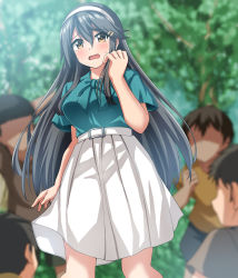 Rule 34 | 1girl, 4boys, absurdres, age difference, black hair, blurry, blurry background, brown eyes, commentary request, commission, depth of field, dress, green shirt, hair ornament, hairband, hairclip, haruna (kancolle), highres, kantai collection, long hair, multiple boys, official alternate costume, pixiv commission, pleated dress, shirt, skirt, standing, upper body, white hairband, white skirt, zanntetu