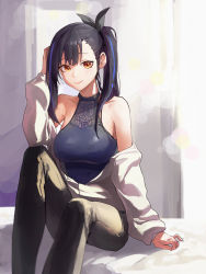 Rule 34 | 1girl, absurdres, bare shoulders, black hair, black ribbon, black shirt, blue hair, breasts, brown pants, character request, closed mouth, collarbone, commentary, copyright request, english commentary, feet out of frame, hair ribbon, hand up, highres, jacket, large breasts, long hair, long sleeves, looking at viewer, mac star, multicolored hair, off shoulder, pants, ponytail, ribbon, shirt, sitting, sleeveless, sleeveless shirt, smile, solo, streaked hair, white jacket, yellow eyes