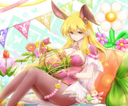 Rule 34 | 1girl, animal ears, blonde hair, breasts, brown pantyhose, cape, circlet, cleavage, cosplay, detached collar, easter, easter egg, egg, fake animal ears, fire emblem, fire emblem echoes: shadows of valentia, fire emblem heroes, flower, gloves, lachesis (fire emblem), large breasts, leotard, nintendo, pantyhose, purple gloves, rabbit, rabbit ears, see-through cape, shirt, signature, solo, sonya (fire emblem gaiden), sonya (fire emblem gaiden) (cosplay), sonya (spring) (fire emblem), strapless, strapless leotard, strapless shirt, stuffed animal, stuffed toy, yellow eyes, yoshiyanmisoko2