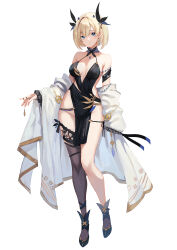 Rule 34 | armband, asymmetrical legwear, black choker, blonde hair, breasts, brown dust 2, cape, center opening, choker, closed mouth, detached sleeves, dress, earrings, embroidery, full body, hair ornament, high heels, highres, jewelry, justia (brown dust), leaf hair ornament, looking at viewer, medium breasts, no panties, shirotolee, short hair, single earring, standing, strapless, strapless dress, tachi-e