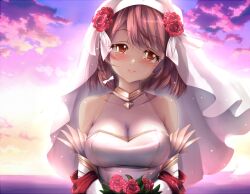 Rule 34 | 1girl, breasts, bridal veil, bride, cleavage, cloud, cloudy sky, dress, fire emblem, fire emblem engage, fire emblem heroes, flower, gold trim, hairband, lapis (fire emblem), lapis (mighty bride) (fire emblem), large breasts, nintendo, official alternate costume, pink eyes, red flower, red rose, rose, sky, solo, two-tone hairband, veil, wedding dress, white hairband, yanmarson, yellow hairband