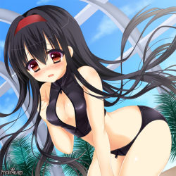 Rule 34 | 1girl, bad id, bad pixiv id, bikini, black bikini, black hair, blush, breasts, brown eyes, cleavage, cleavage cutout, clothing cutout, copyright name, day, eyebrows, front zipper swimsuit, hair between eyes, hairband, long hair, medium breasts, meme attire, nose blush, one-piece swimsuit, psychic hearts, red hairband, sky, solo, swimsuit, yuyumatsu