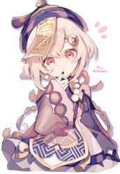 Rule 34 | 1girl, absurdres, black dress, black nails, braid, brown hair, closed mouth, dress, eyebrows hidden by hair, genshin impact, hair between eyes, hand up, hat, head tilt, highres, jiangshi, long hair, long sleeves, looking at viewer, nail polish, notice lines, purple hat, qingdai guanmao, qiqi (genshin impact), red eyes, signature, simple background, sleeves past wrists, sofra, solo, twitter username, very long hair, white background, wide sleeves