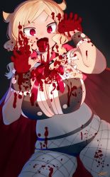 Rule 34 | 1girl, black panties, blonde hair, blood, blood on face, blood on hands, blood splatter, breasts, cape, claw pose, cleavage, fingernails, fishnet pantyhose, fishnets, florida-chan (ryusei hashida), hair horns, halloween, halloween costume, hands up, highres, huge breasts, looking at viewer, nail polish, neck ribbon, neckerchief, open mouth, original, panties, pantyhose, red cape, red eyes, red nails, red neckerchief, red ribbon, ribbon, ryusei hashida, sidelocks, signature, skindentation, slit pupils, solo, underwear, vampire