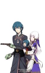 1boy 2girls :d apron armor baking_sheet blue_eyes blue_hair boots byleth_(fire_emblem) byleth_(male)_(fire_emblem) child coat cookie dannex009 dress family father_and_daughter fire_emblem fire_emblem:_three_houses food hair_ornament hetero highres husband_and_wife if_they_mated long_hair long_sleeves lysithea_von_ordelia mother_and_daughter multiple_girls nintendo open_mouth outstretched_arm oven_mitts pink_eyes purple_dress short_hair sidelocks smile tassel transparent_background veil white_hair wide_sleeves