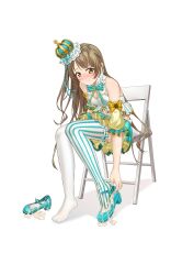 Rule 34 | 1girl, absurdres, alternate costume, bare shoulders, blue footwear, blush, breasts, brown hair, cleavage, closed mouth, commentary request, crown, cum, cum in clothes, cum in footwear, detached sleeves, dress, frilled dress, frilled thighhighs, frills, full body, highres, long hair, love live!, medium breasts, minami kotori, mismatched pupils, shoes, sitting, solo, striped clothes, striped thighhighs, thighhighs, unworn shoes, vertical-striped clothes, vertical-striped thighhighs, wavy mouth, white thighhighs, xo (xo17800108), yellow eyes