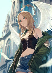 Rule 34 | 1girl, absurdres, angel wings, black choker, blonde hair, blush, breasts, choker, church, cleavage, closed mouth, coat, collarbone, commentary request, cowboy shot, cross-laced clothes, day, denim, denim shorts, feathered wings, feathers, from below, green coat, hand in pocket, highres, kusano shinta, long hair, long sleeves, looking back, looking down, navel, off shoulder, open clothes, open coat, original, outdoors, parted bangs, red eyes, short shorts, shorts, single bare shoulder, small breasts, solo, unzipped, white wings, wings, zipper pull tab