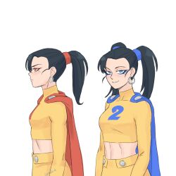 Rule 34 | 2girls, blue cape, blue eyes, breasts, cape, commentary, crop top, dragon ball, dragon ball super, dragon ball super super hero, earrings, english commentary, gamma 1, gamma 2, genderswap, genderswap (mtf), genniax, highres, hoop earrings, humanization, jewelry, medium breasts, midriff, multiple girls, ponytail, red cape, red eyes, smile, turtleneck, twintails