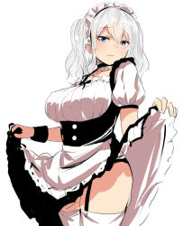 Rule 34 | 10s, 1girl, alternate costume, apron, black dress, blue eyes, breasts, cleavage, clothes lift, dress, dress lift, embarrassed, enmaided, framed breasts, garter straps, isshiki (ffmania7), kantai collection, kashima (kancolle), large breasts, looking at viewer, maid, maid apron, maid headdress, puffy short sleeves, puffy sleeves, short sleeves, silver hair, sketch, solo, thighhighs, twintails, underbust, waist apron, wavy hair, white thighhighs