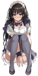 Rule 34 | 1girl, black hair, black pantyhose, black thighhighs, blush, bow, breasts, chitanda eru, cleavage, closed mouth, dress, frilled dress, frills, highres, hyouka, long hair, looking at viewer, maid, maid headdress, medium breasts, pantyhose, purple eyes, saya (mychristian2), shoes, short dress, short sleeves, signature, simple background, sitting, solo, thighhighs, white background