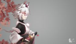 Rule 34 | 1641 (chfhrtor94), 1girl, animal ear fluff, animal ears, black gloves, black shirt, branch, bridal gauntlets, commentary request, detached sleeves, fighting stance, from side, gloves, grey background, grey hair, hat, holding, holding sword, holding weapon, inubashiri momiji, katana, korean commentary, leaf, maple leaf, pom pom (clothes), ready to draw, red eyes, red hat, shirt, short hair, signature, simple background, solo, sword, tokin hat, touhou, upper body, weapon, white shirt, wolf ears