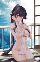 Rule 34 | 1girl, black hair, blush, breasts, covered navel, covering privates, cowboy shot, groin, hair between eyes, hair over breasts, ichinomiya (blantte), kantai collection, large breasts, long hair, looking at viewer, naked towel, nude cover, onsen, parted lips, ponytail, red eyes, sidelocks, sitting, solo, towel, very long hair, water, yahagi (kancolle)