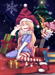 Rule 34 | 1girl, american flag dress, american flag legwear, b.d, blonde hair, blush, candy, candy cane, christmas, christmas stocking, christmas tree, christmas wreath, clownpiece, food, gift, hat, highres, jack-in-the-box, jester cap, long hair, neck ruff, open mouth, pantyhose, red eyes, santa hat, short sleeves, sitting, snowflakes, solo, striped clothes, striped pantyhose, torch, touhou, v, very long hair, wariza, wreath