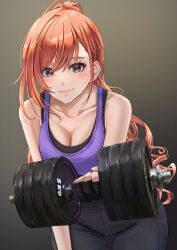 Rule 34 | 1girl, absurdres, ahoge, arisugawa natsuha, bare shoulders, black gloves, black leggings, black pants, blush, breasts, cleavage, collarbone, commentary, daiko (dai1974910), dumbbell, exercise, fingerless gloves, giving, gloves, highres, holding dumbbell, idolmaster, idolmaster shiny colors, incoming object, leaning forward, leggings, looking at viewer, medium breasts, orange hair, pants, ponytail, smile, solo, wavy hair
