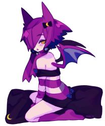 Rule 34 | 1girl, animal ears, bare shoulders, bat ears, bat wings, blush, bow, creatures (company), crobat, earrings, game freak, gen 2 pokemon, hair bow, hair over one eye, hopebiscuit, jewelry, mini wings, miniskirt, nintendo, off-shoulder, off-shoulder sweater, off shoulder, personification, pillow, pokemon, purple hair, short hair, skirt, socks, solo, straddling, striped clothes, striped sweater, sweater, transparent background, wings, yellow eyes
