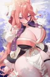 Rule 34 | 1girl, absurdres, animal ear fluff, animal ears, bad id, bad pixiv id, blush, breasts, character request, cleavage, curvy, epic seven, flower, fox ears, hair between eyes, hair ornament, highres, huge breasts, japanese clothes, legband, looking at viewer, petals, pink hair, purple eyes, rima (0136), sidelocks, smile, solo, thick thighs, thighs, wide hips