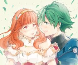 Rule 34 | 1boy, 1girl, alm (fire emblem), armor, bare shoulders, blush, breasts, celica (fire emblem), circlet, couple, detached collar, earrings, fire emblem, fire emblem echoes: shadows of valentia, green eyes, hairband, hetero, jewelry, leaf, long hair, looking at another, medium breasts, nintendo, open mouth, orange hair, portrait, red eyes, short hair, smile, tbsw, turtleneck, wind