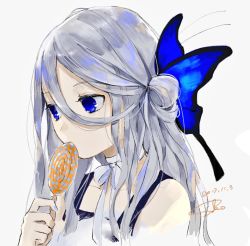 Rule 34 | 1girl, blue eyes, butterfly hair ornament, candy, choker, dated, dress, food, from side, grey background, grey hair, hair between eyes, hair ornament, halloween, highres, holding lollipop, lollipop, long hair, original, sako (35s 00), signature, simple background, solo, white neckwear