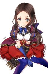 Rule 34 | aged down, blue bow, blue eyes, blue gloves, blue legwear, blush, bow, brown hair, closed mouth, dress, elbow gloves, fate/grand order, fate (series), gloves, leonardo da vinci (fate), leonardo da vinci (fate/grand order), leonardo da vinci (rider) (fate), long hair, looking at viewer, parted bangs, puffy short sleeves, puffy sleeves, red dress, seiru (prairie), short sleeves, single glove, sitting, smile, solo, white background