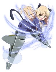 Rule 34 | 1girl, animal ears, anime coloring, blonde hair, cat ears, cat tail, electricity, highres, long hair, looking at viewer, military, military uniform, open mouth, pantyhose, perrine h. clostermann, solo, strike witches, striker unit, sword, tail, tirotata, transparent background, uniform, weapon, world witches series, yellow eyes